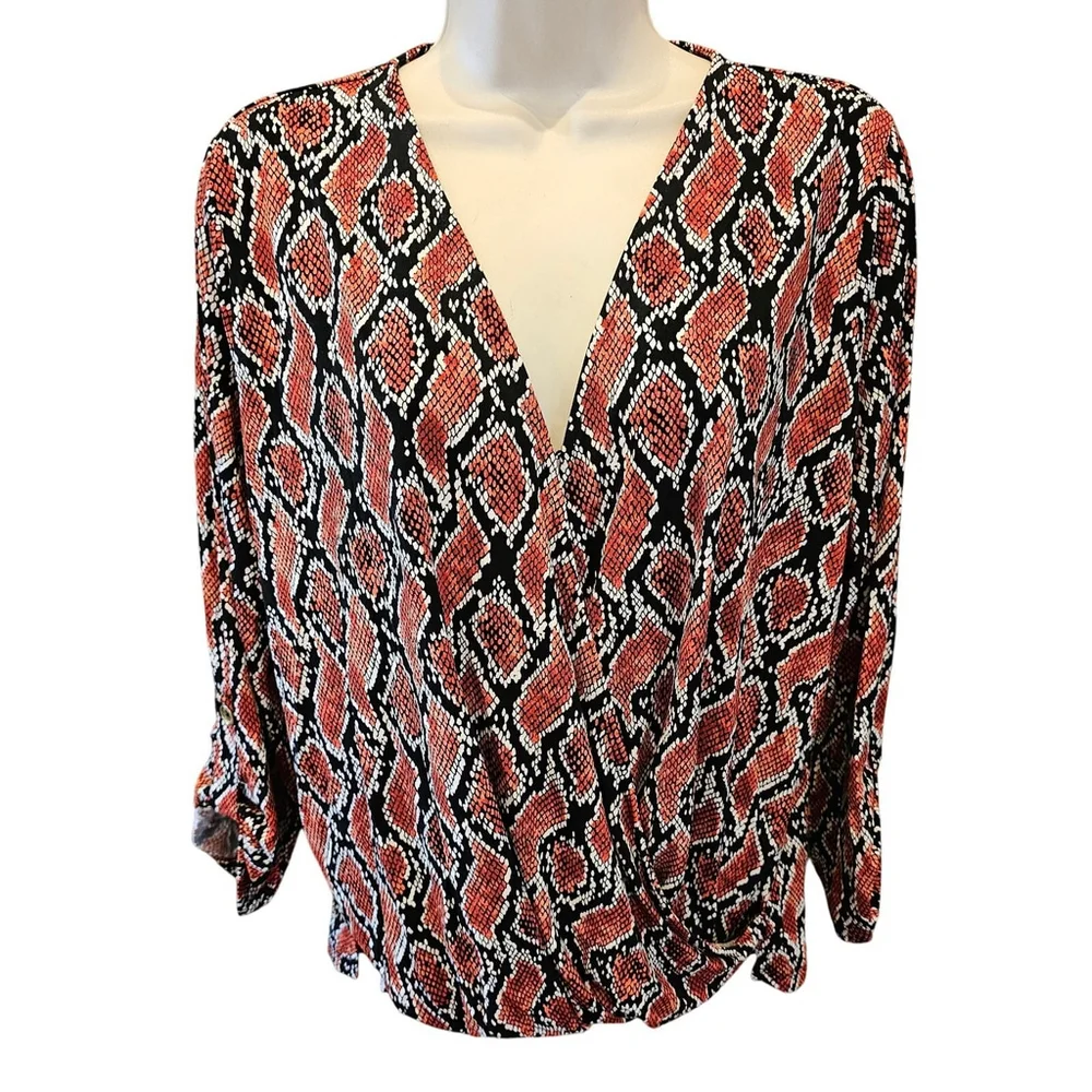 Michael Kors Orange Snakeskin Faux Wrap Top EUC